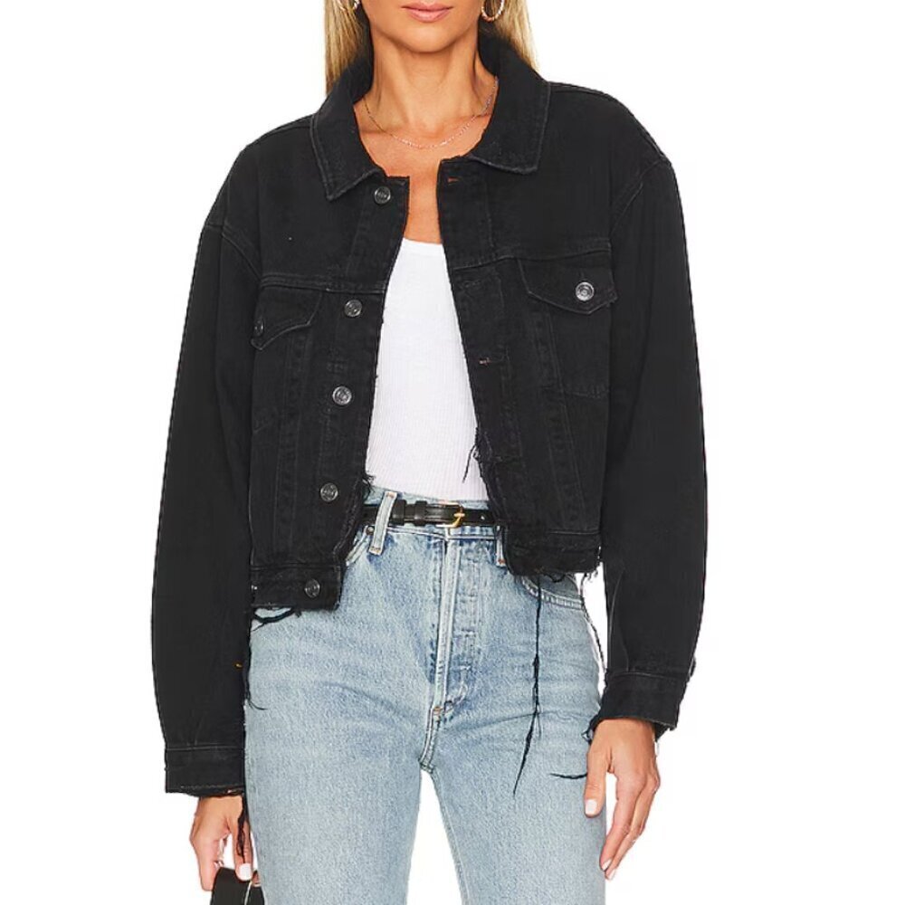 AGOLDE Charli Cropped Denim Jacket Black Distressed Large